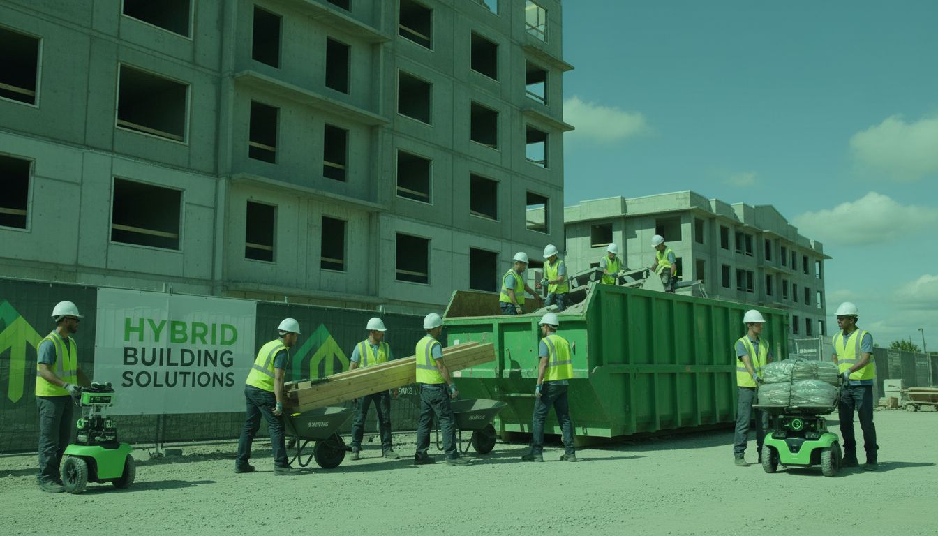 Jobsite with dumpster outside and crew carrying items, showing hybrid approach