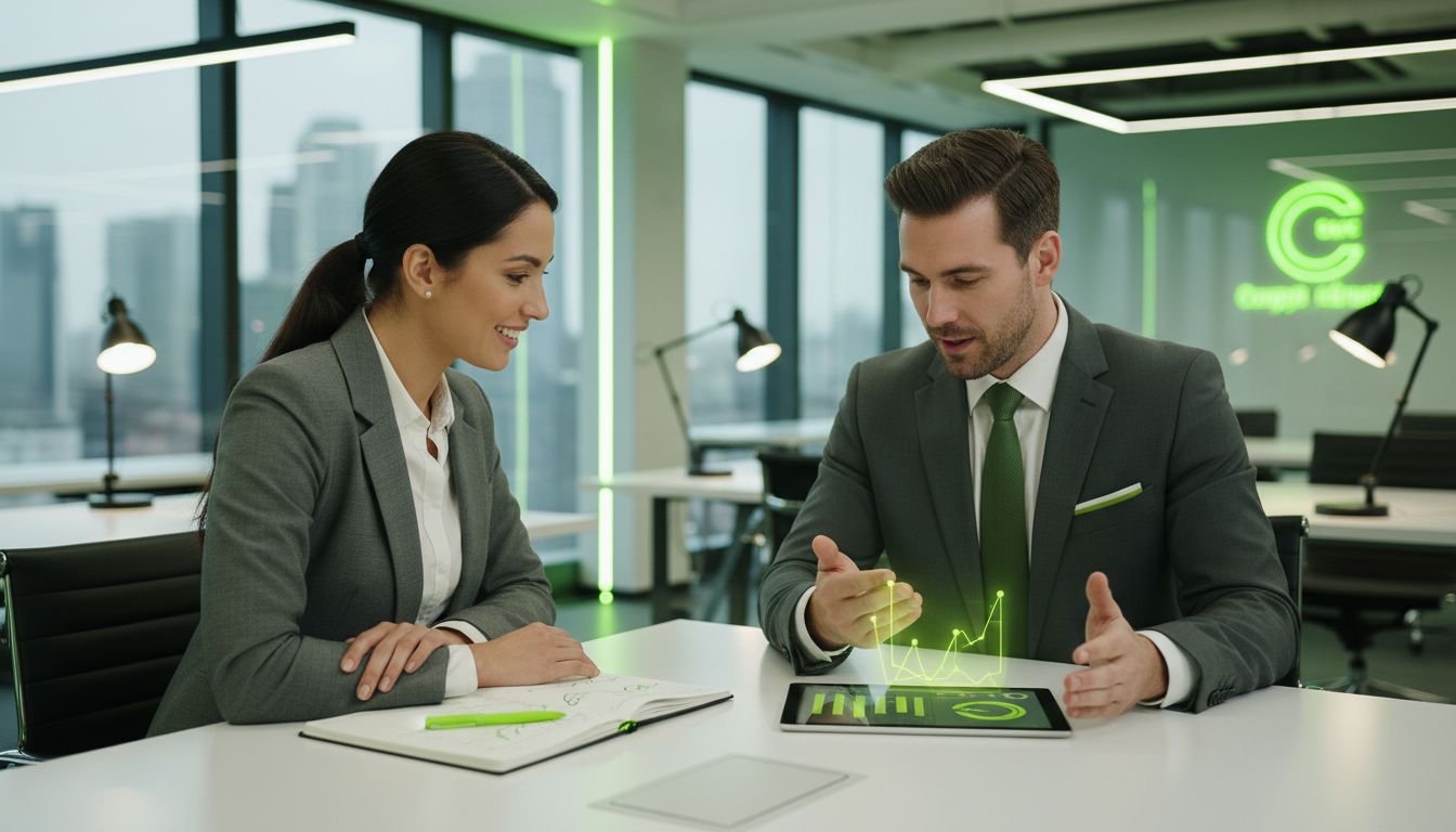 Customer talking to a service representative, professional consultation scene