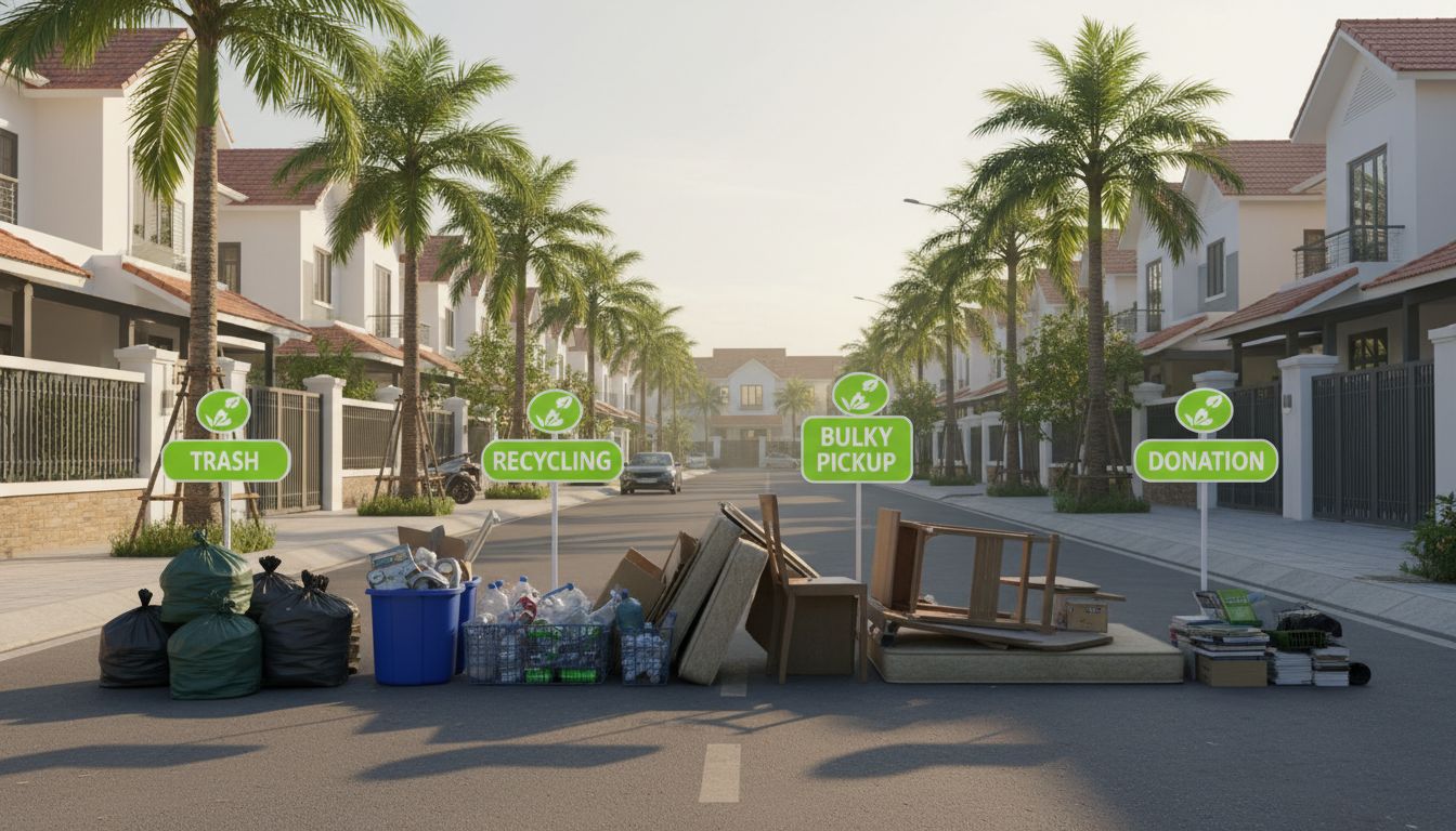 Professional photo of a clean residential curbside with labeled piles: trash, recycling, bulky pickup, and donation—Vietnam suburban street vibe