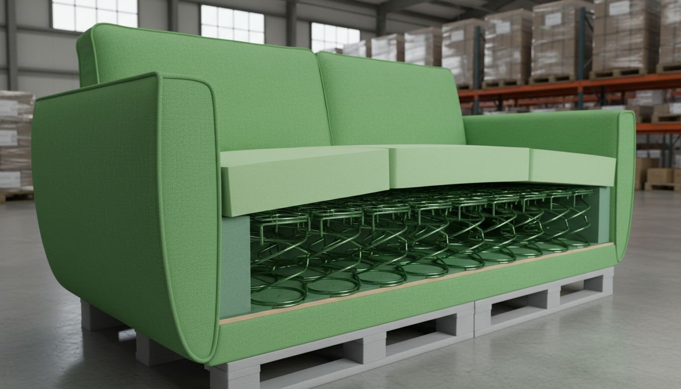 Professional close-up of mixed-material bulky items (sofa cutaway showing foam, fabric, springs) staged in a tidy warehouse