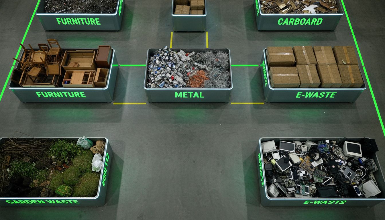 Professional top-down photo of a sorting area with labeled bins and piles: metal, cardboard, e-waste, furniture, garden waste