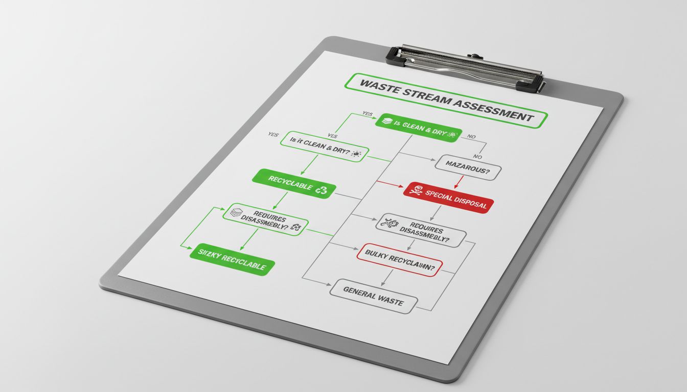 Professional minimalist decision-tree graphic on a clipboard, with icons for clean/dry, single material, hazardous, disassembly, size