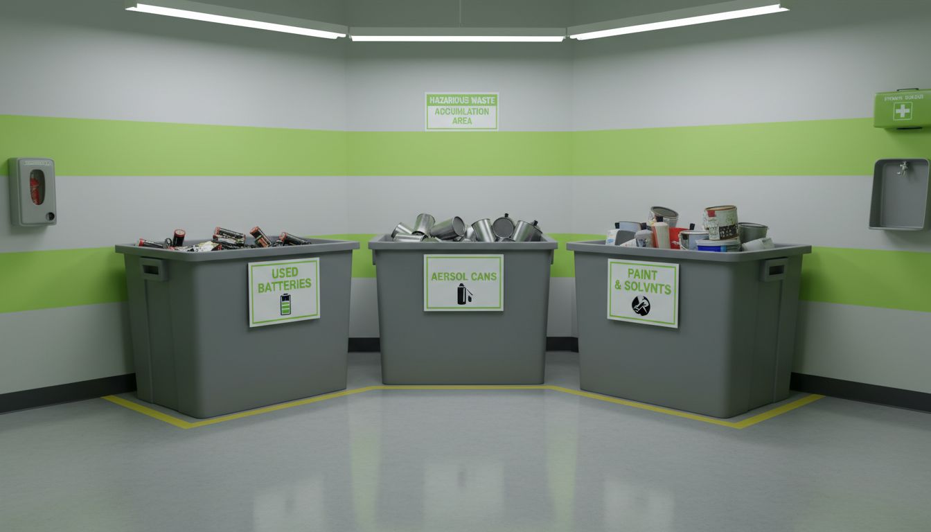 Professional hazardous waste corner with labeled containers (batteries, aerosol cans, paint) in a tidy facility