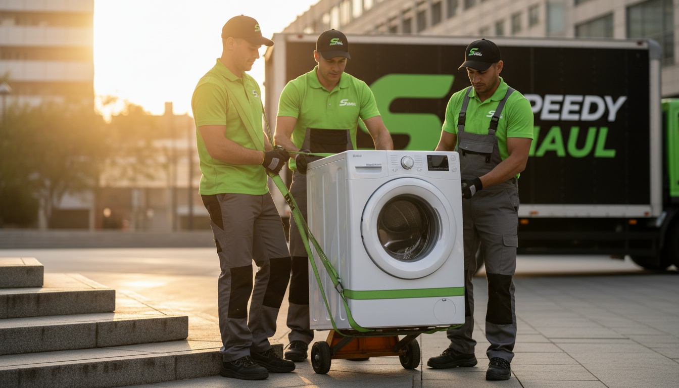 Professional photo of a uniformed hauling crew lifting a washing machine safely with straps and a dolly