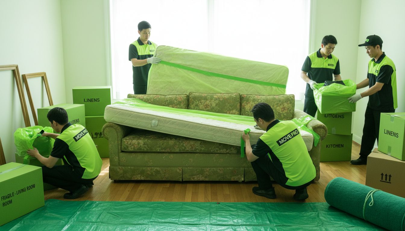 Cảnh một căn phòng đang dọn dẹp với sofa cũ và nệm, đội vận chuyển chuyên nghiệp đang bọc lót và phân loại đồ