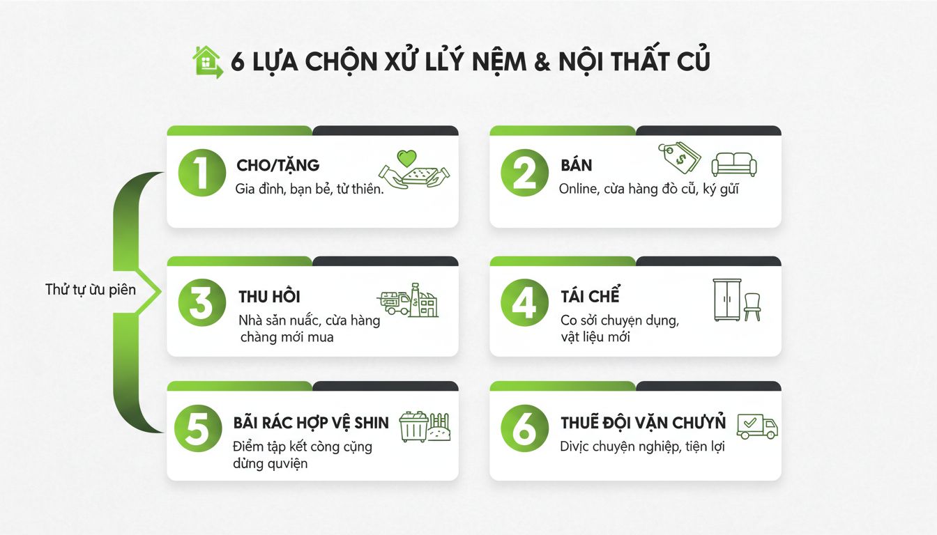 Minh họa dạng infographic về 6 lựa chọn xử lý nệm và nội thất cũ theo thứ tự ưu tiên: cho/tặng, bán, thu hồi, tái chế, bãi rác hợp vệ sinh, thuê đội vận chuyển