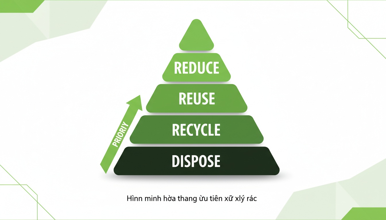 Hình minh họa một thang ưu tiên xử lý rác: Reduce, Reuse, Recycle, Dispose