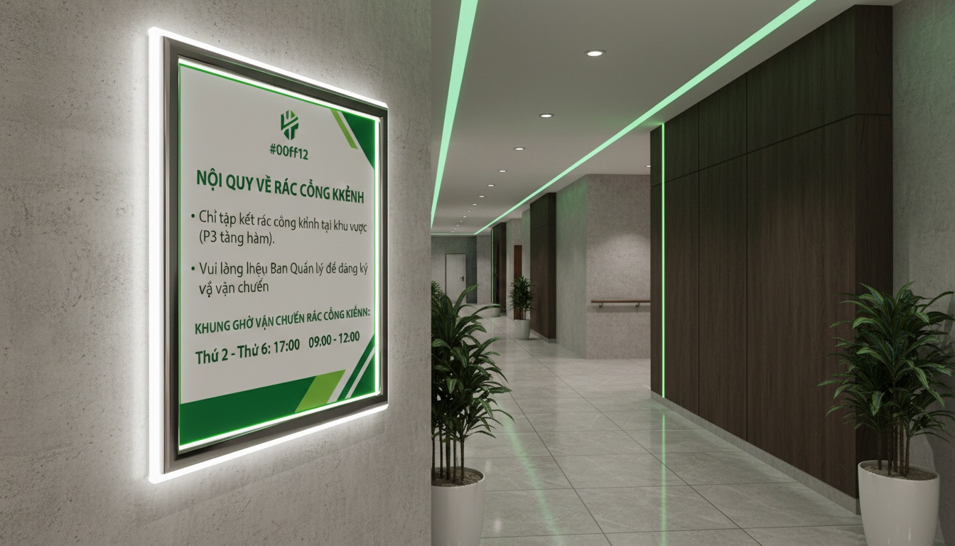 Ảnh hành lang chung cư với biển nội quy về rác cồng kềnh và khung giờ vận chuyển