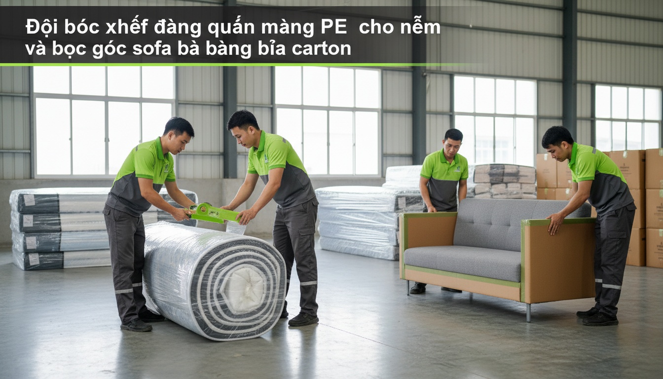 Đội bốc xếp đang quấn màng PE cho nệm và bọc góc sofa bằng bìa carton