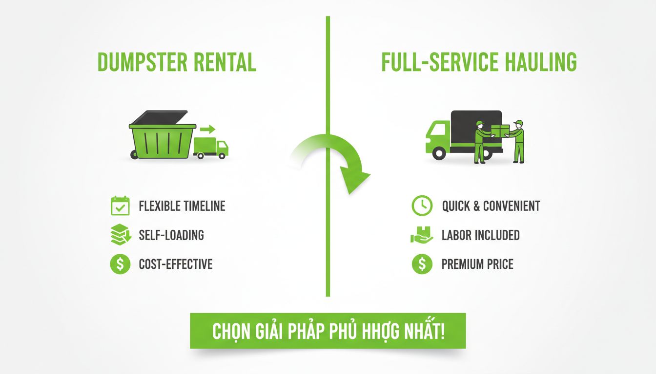 Bảng minh họa so sánh dumpster rental và full-service hauling bằng icon xe tải và thùng chứa