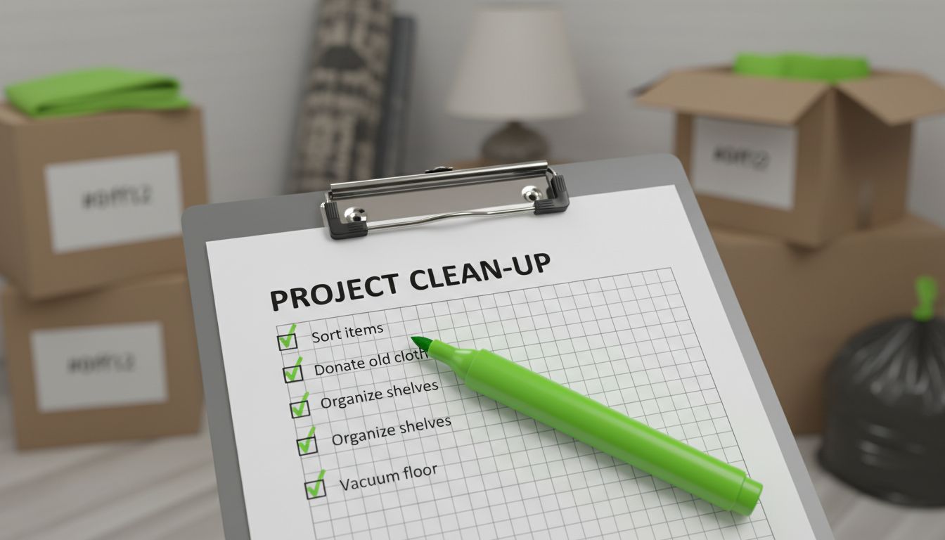 Ảnh checklist trên giấy kẹp, bút đánh dấu, nền là góc phòng đang dọn