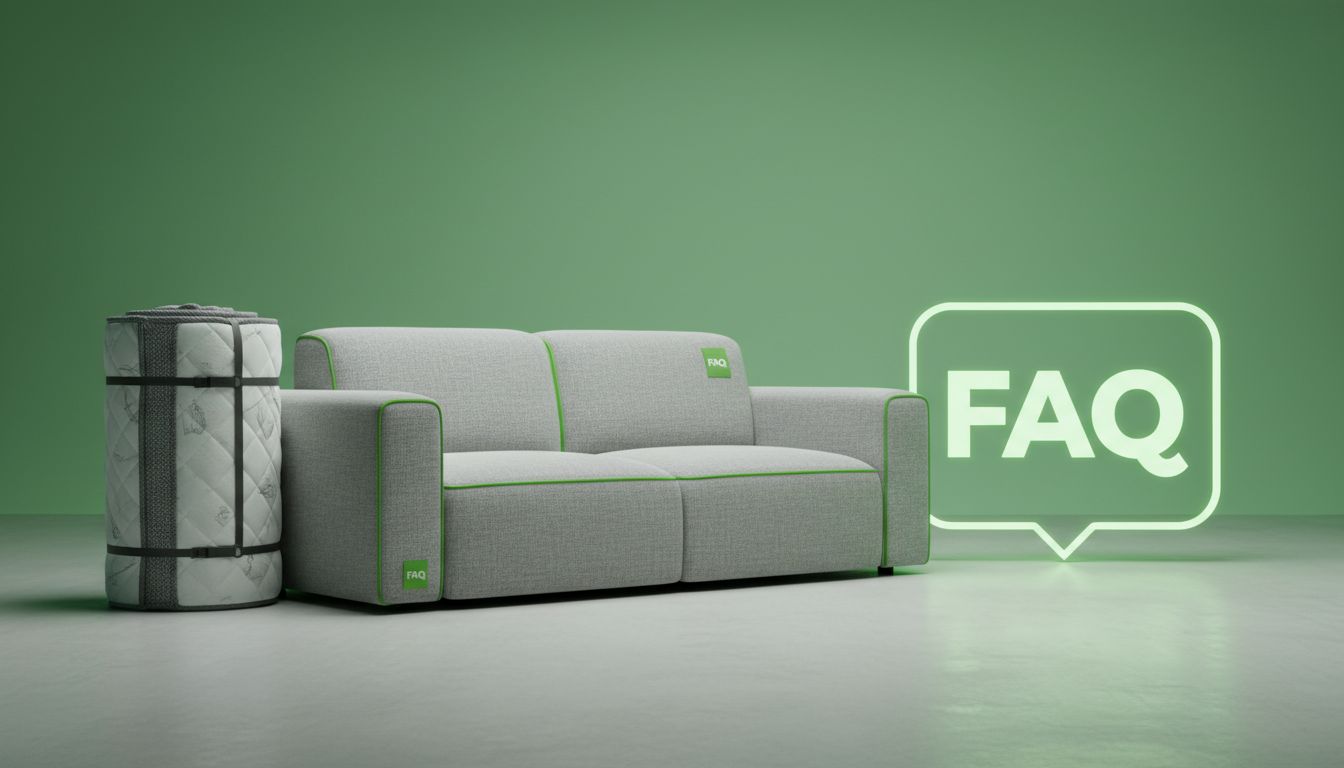 Ảnh góc chụp nệm cuộn lại và sofa được bọc, cạnh đó là biểu tượng FAQ