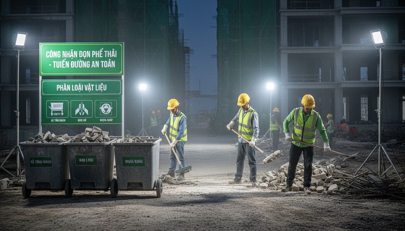 Công nhân dọn phế thải xây dựng theo tuyến lối đi, có biển cảnh báo an toàn và thùng phân loại vật liệu, ánh sáng công trường chuyên nghiệp
