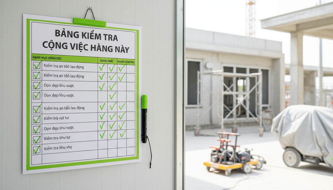 Bảng checklist in khổ A3 treo tại công trường, có bút đánh dấu, nền là khu vực thi công sạch sẽ