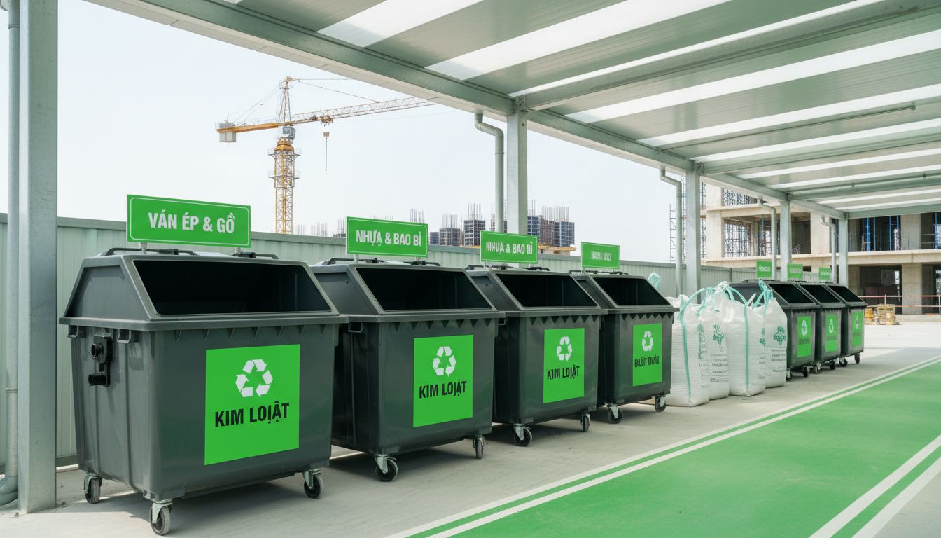 Khu phân loại phế thải tại công trường với thùng/bao được dán nhãn rõ ràng, ánh sáng sạch và chuyên nghiệp