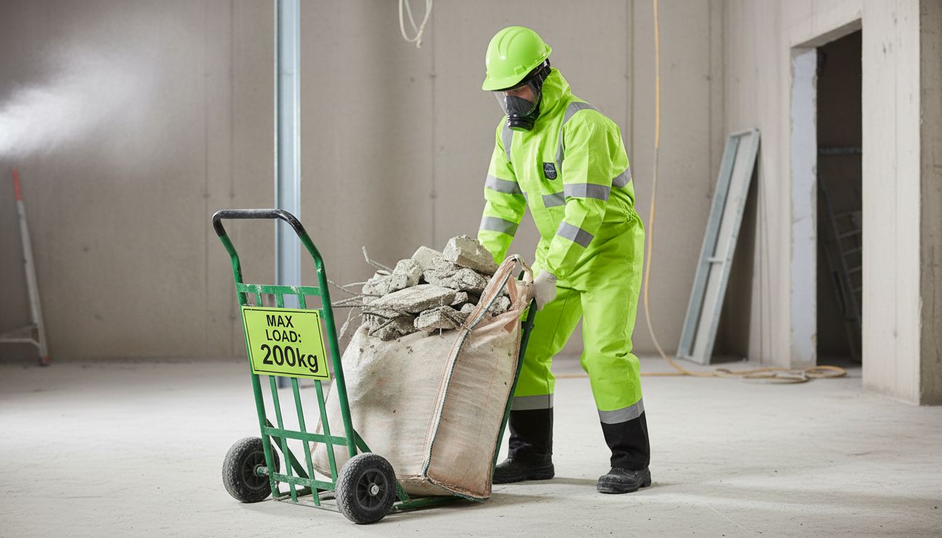 Nhân viên mang PPE đầy đủ đang nâng bao xà bần đúng tư thế với xe đẩy, có biển cảnh báo tải trọng