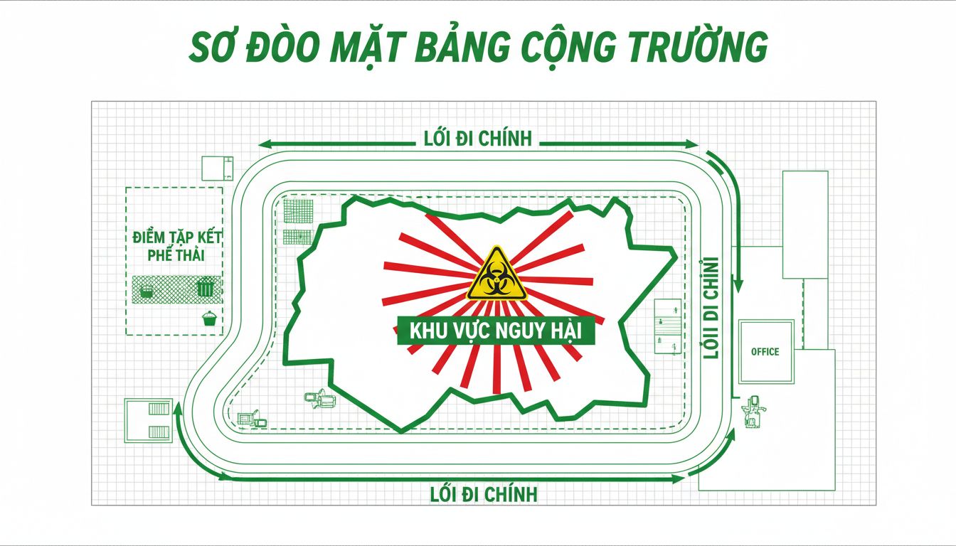 Sơ đồ mặt bằng công trường với tuyến lối đi, điểm tập kết phế thải, và khu vực nguy hại được đánh dấu rõ ràng