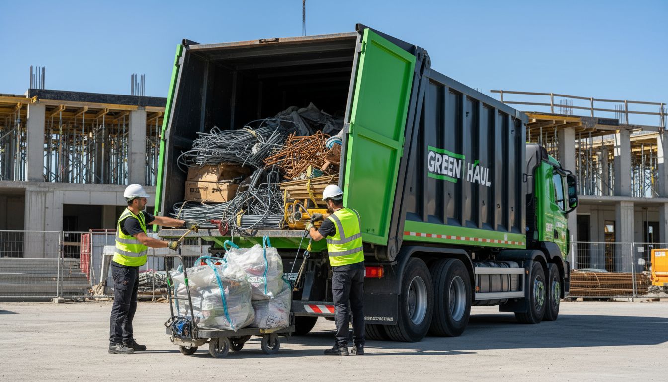 Xe tải hauling chuyên dụng đỗ trước công trình, nhân viên thu gom phế thải gọn gàng, hình ảnh chất lượng cao