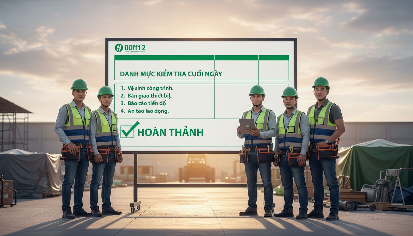 Đội thi công chụp ảnh checklist cuối ngày, nền công trình sạch, ánh sáng ấm và chuyên nghiệp