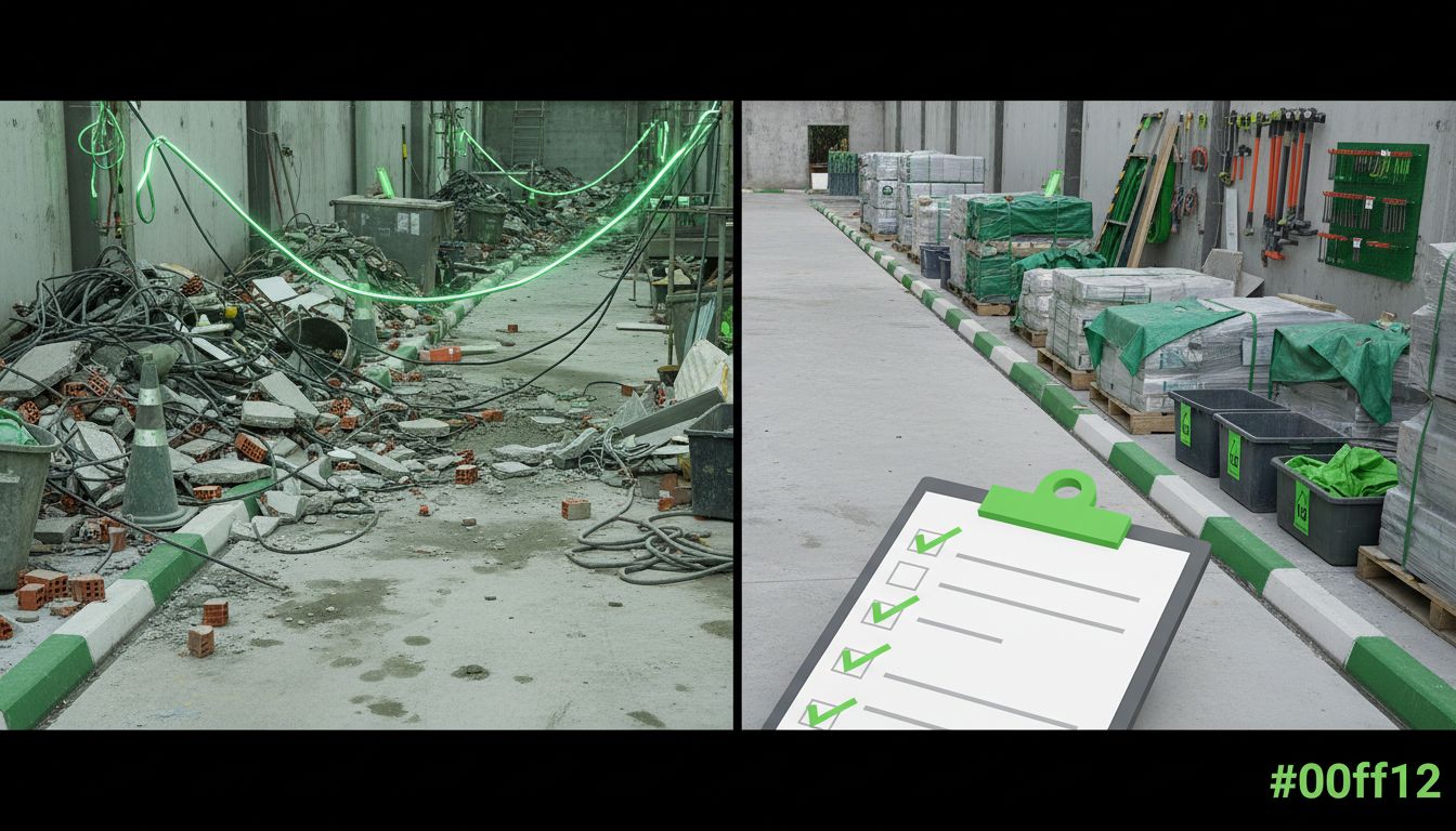 Công trường bừa bộn có dây điện chắn lối đi và xà bần tràn, đối lập với khu vực đã được dọn sạch theo checklist