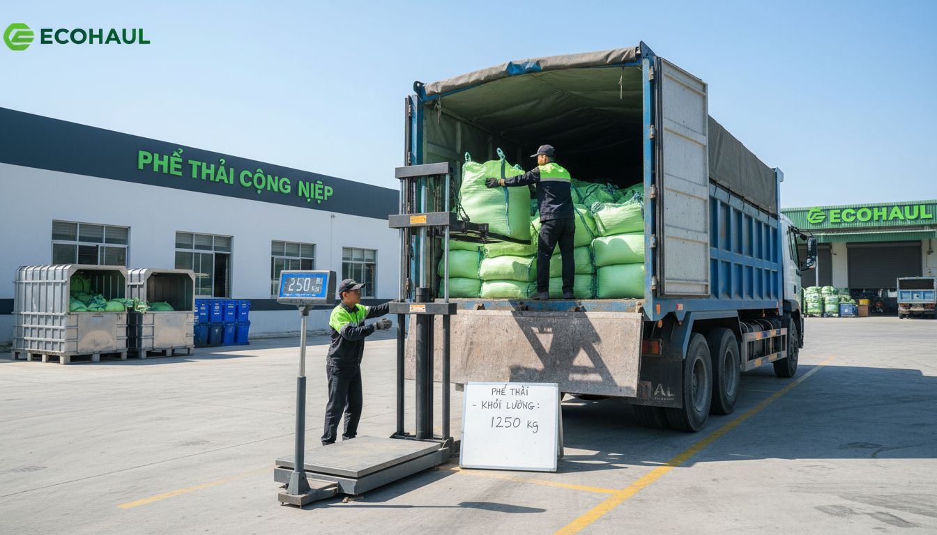 Nhân viên hauling đang bốc xếp bao phế thải vào xe tải, có cân/ghi chú khối lượng, khung cảnh gọn gàng