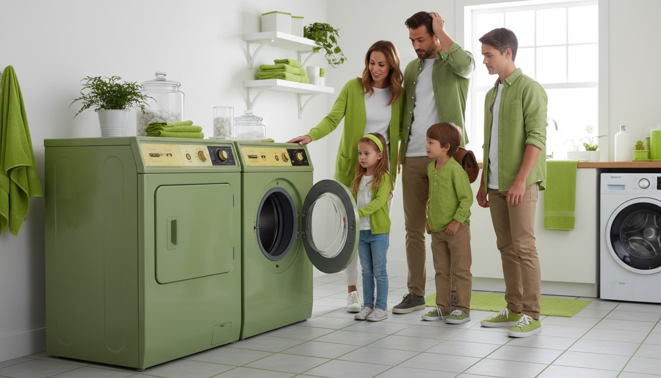 Cảnh một gia đình đứng trong phòng giặt nhìn thiết bị cũ, nền sạch sẽ, ánh sáng tự nhiên, phong cách ảnh chuyên nghiệp