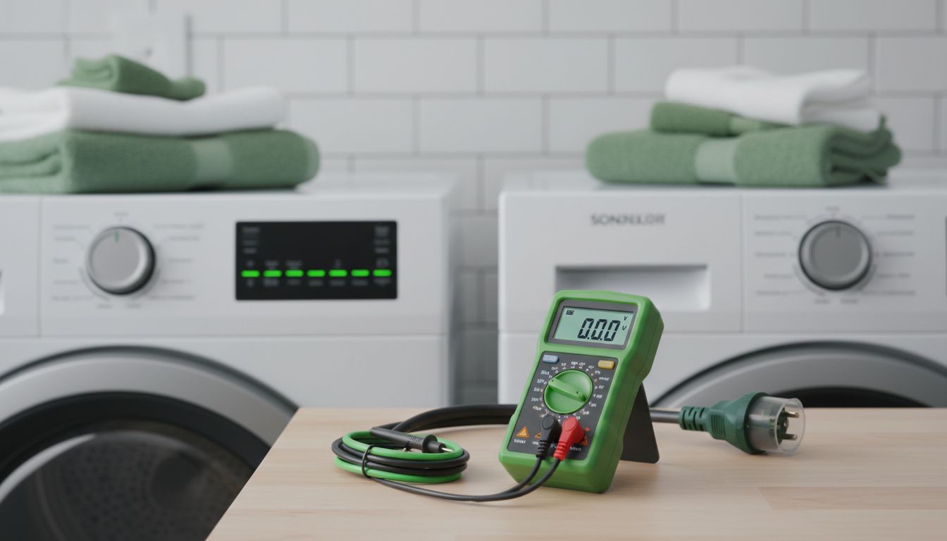 Ảnh một thiết bị đo điện áp và dây nguồn được ngắt đúng cách cạnh máy sấy, bối cảnh nhà ở sạch, chuyên nghiệp