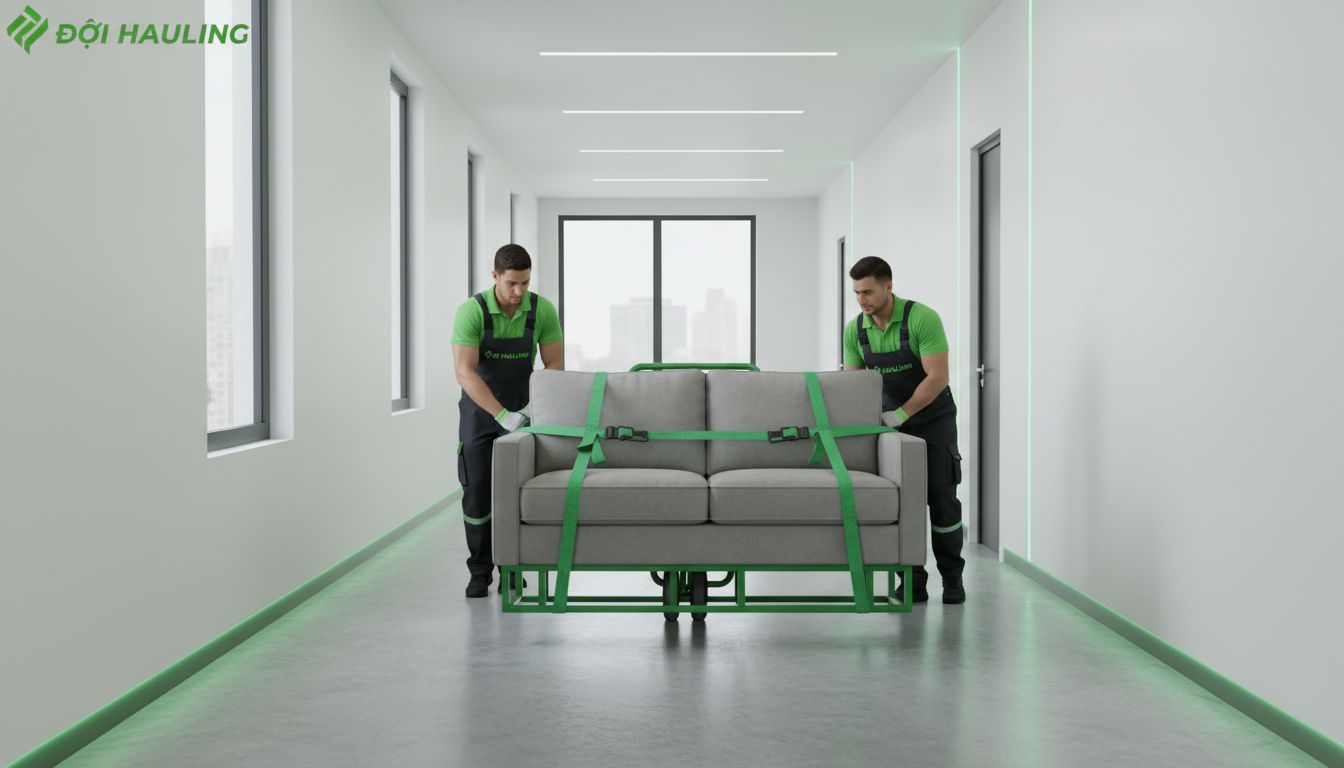 Đội hauling chuyên nghiệp đang di chuyển sofa nặng bằng xe đẩy và dây đai trong hành lang chung cư hiện đại