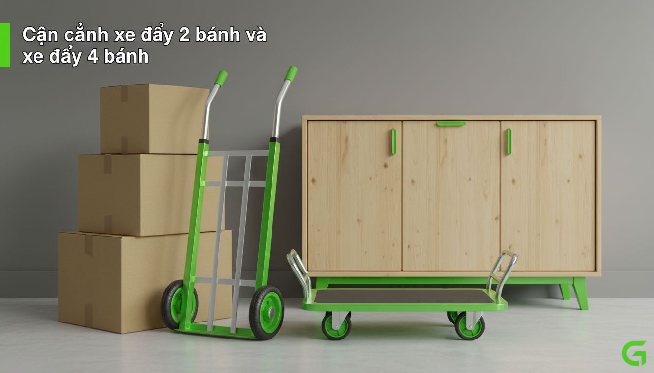 Cận cảnh xe đẩy 2 bánh và xe đẩy 4 bánh đặt cạnh thùng carton và tủ gỗ trong nhà