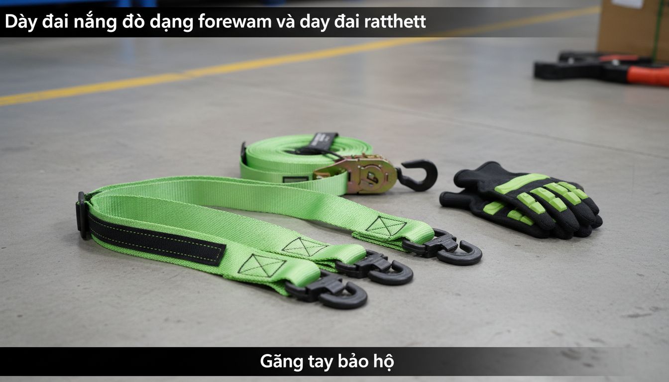 Dây đai nâng đồ dạng forearm và dây đai ratchet đặt trên sàn cùng găng tay bảo hộ