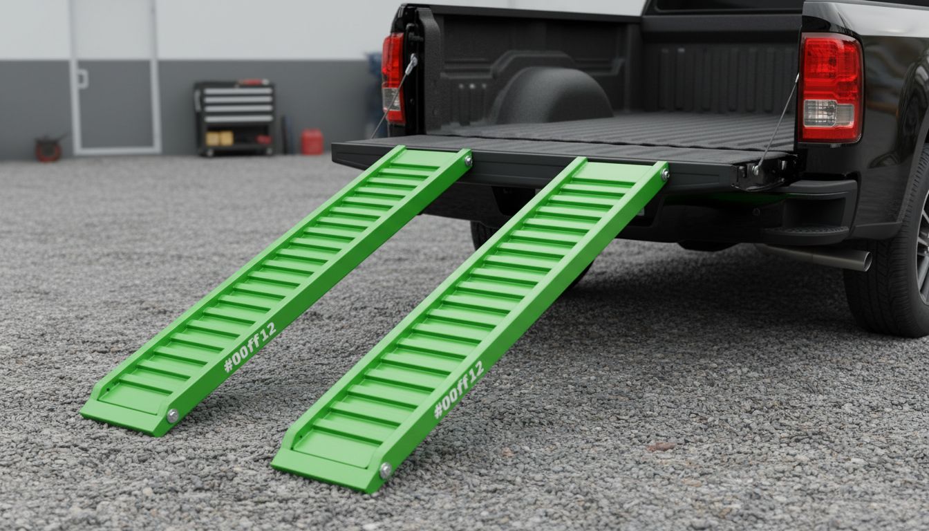 Ramps nhôm chống trượt đặt từ mặt đất lên thùng xe tải, có vân gân và mép chống trượt