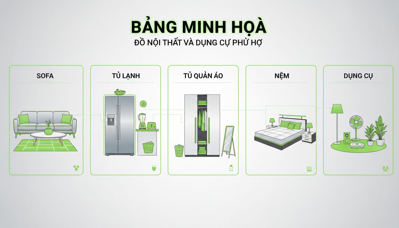 Bảng minh họa các món đồ như sofa, tủ lạnh, tủ quần áo, nệm và dụng cụ phù hợp đặt cạnh nhau