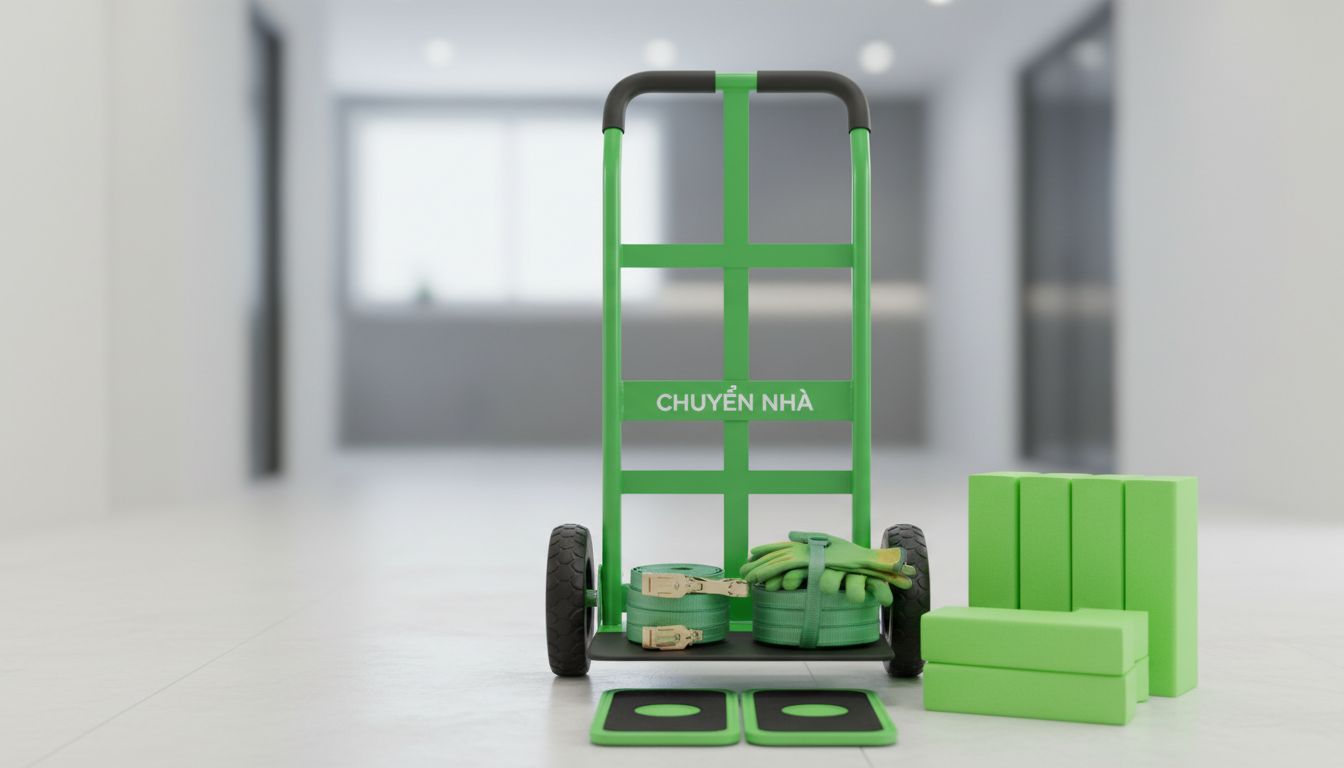 Bộ dụng cụ chuyển nhà gồm xe đẩy, dây tăng đơ, găng tay, bọc góc, tấm trượt đặt gọn gàng trên nền