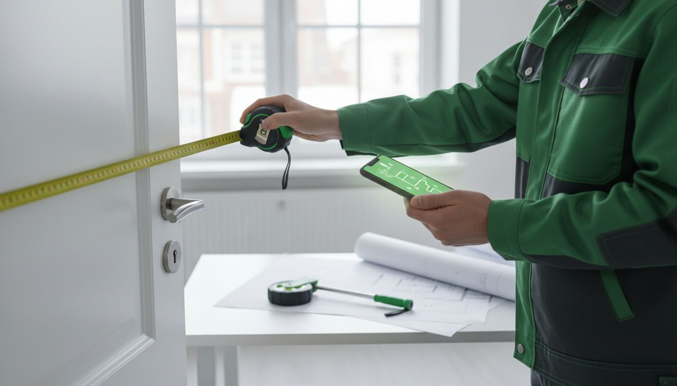 Một người đang đo chiều rộng cửa và lộ trình di chuyển bằng thước dây, ghi chú trên điện thoại