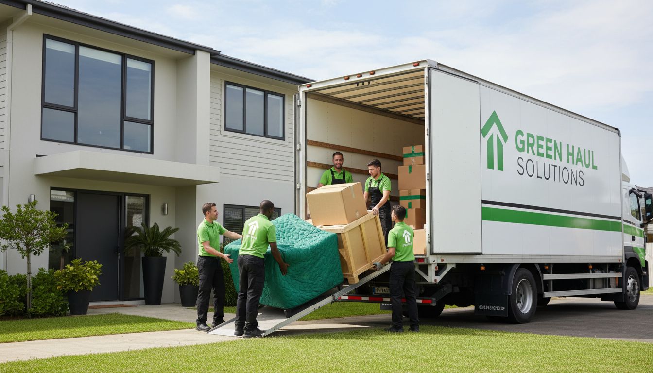 Đội hauling chuyên nghiệp đang bốc xếp đồ cồng kềnh lên xe tải gọn gàng trước cửa nhà, ánh sáng tự nhiên, phong cách ảnh doanh nghiệp
