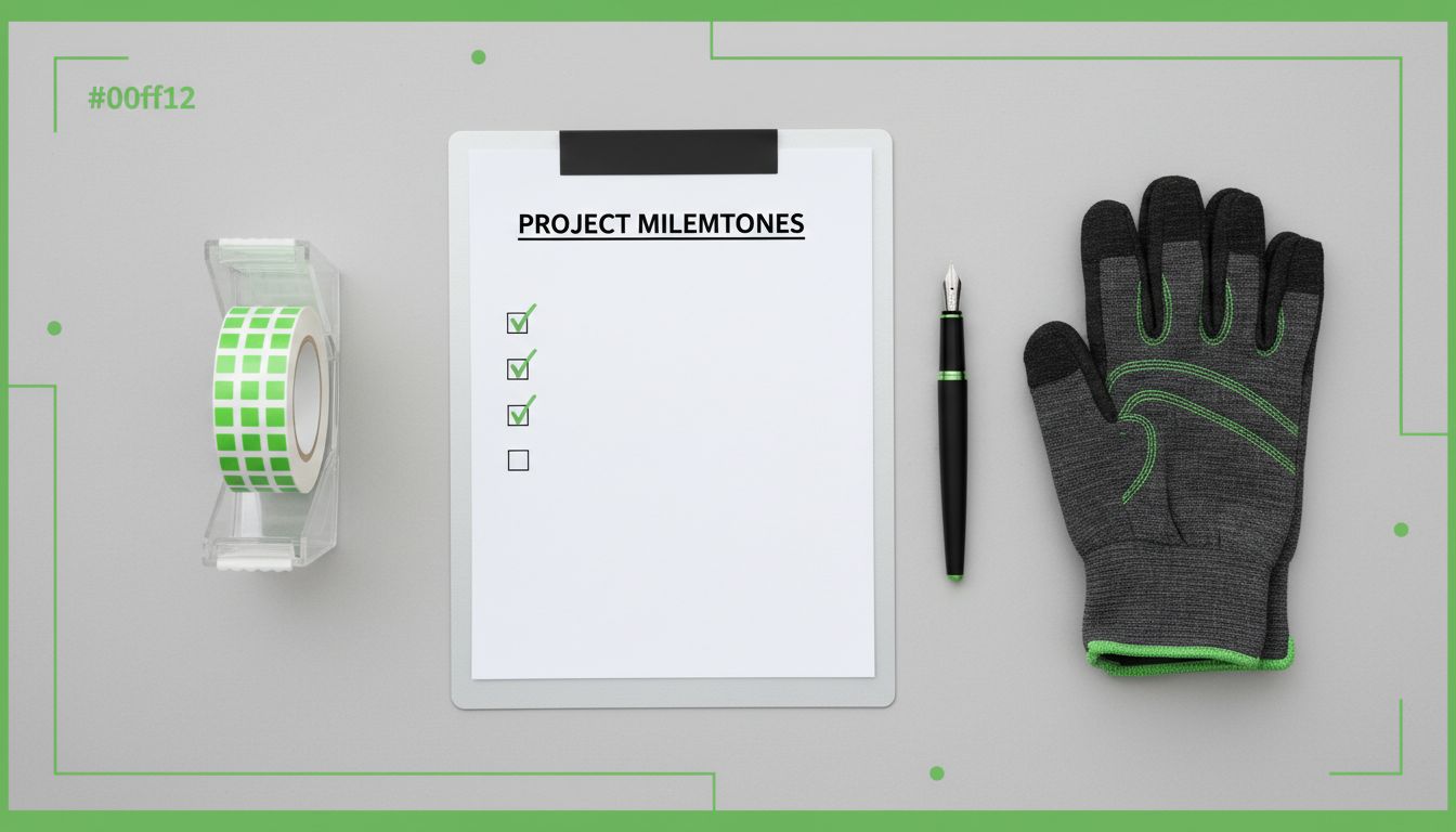 Ảnh chụp góc nhìn từ trên xuống của bàn làm việc có checklist, bút, găng tay, băng keo nhãn dán, phong cách tối giản chuyên nghiệp