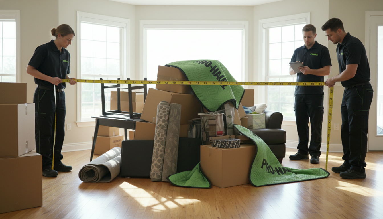Professional hauling crew measuring piled household items with a tape measure in a living room, clean lighting, high-quality photo