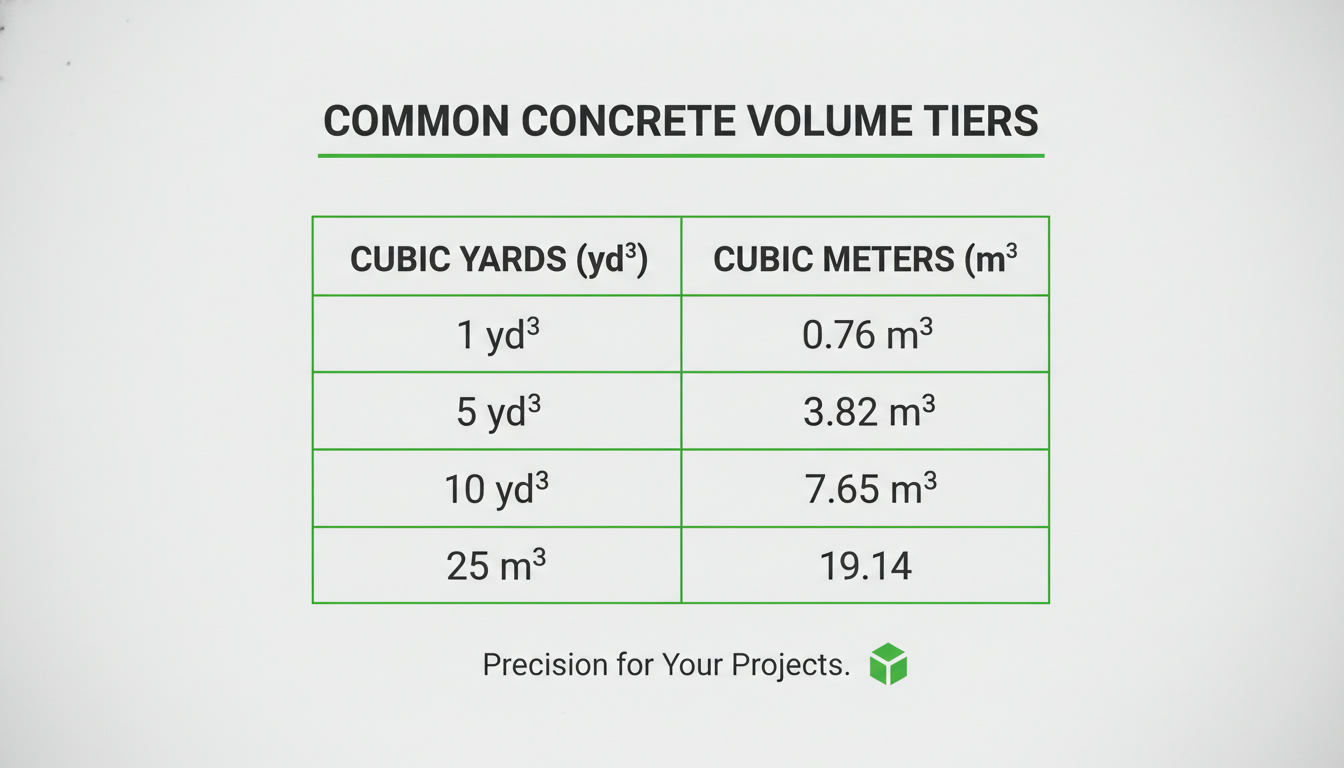 Professional table-style infographic showing common yd³ tiers and equivalent m³, minimalist design