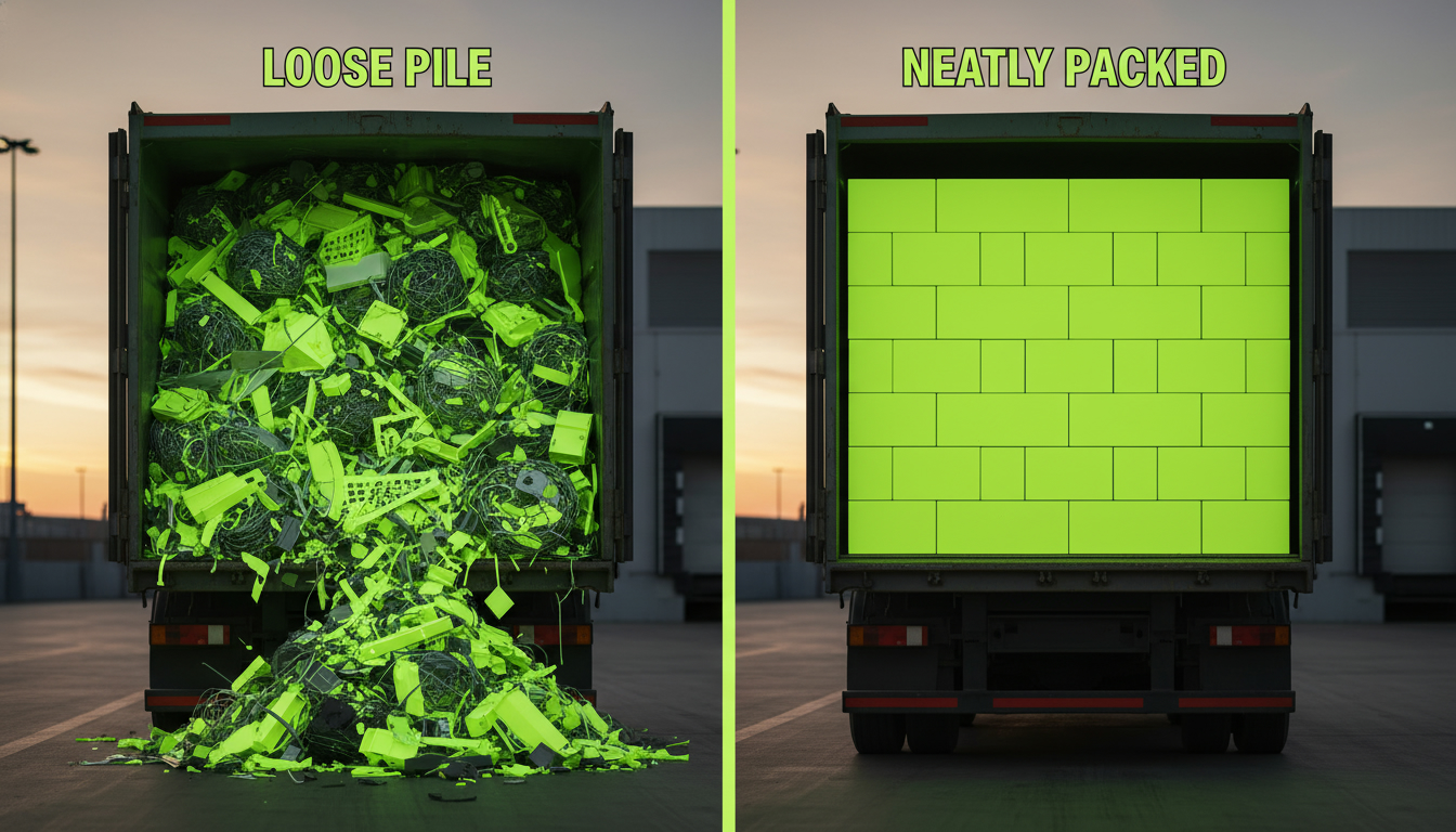 Side-by-side photo concept of loose pile vs neatly packed truck volume, high-quality