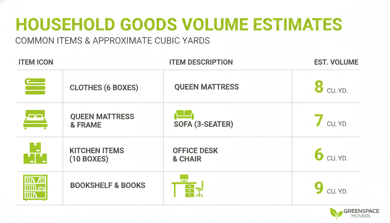 Clean icon-based chart of common household items with estimated cubic yards, professional infographic style