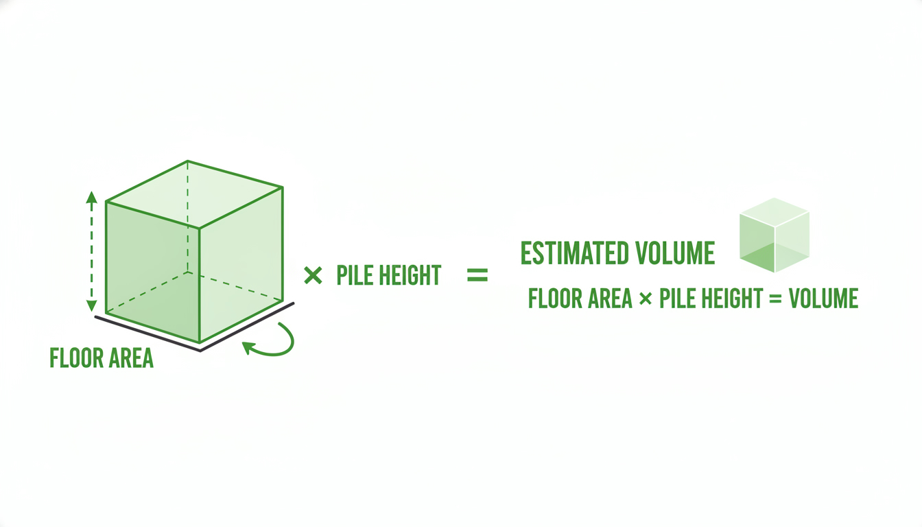 Diagram showing floor area multiplied by pile height to estimate volume, professional illustration