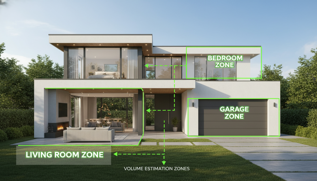 High-quality photo of a home with zones highlighted (living room, bedroom, garage) for volume estimation, professional style