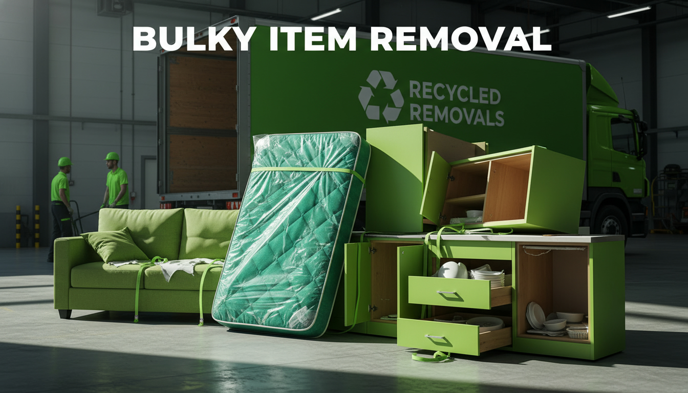 Professional photo of bulky items (mattress, sofa, broken cabinets) staged for removal