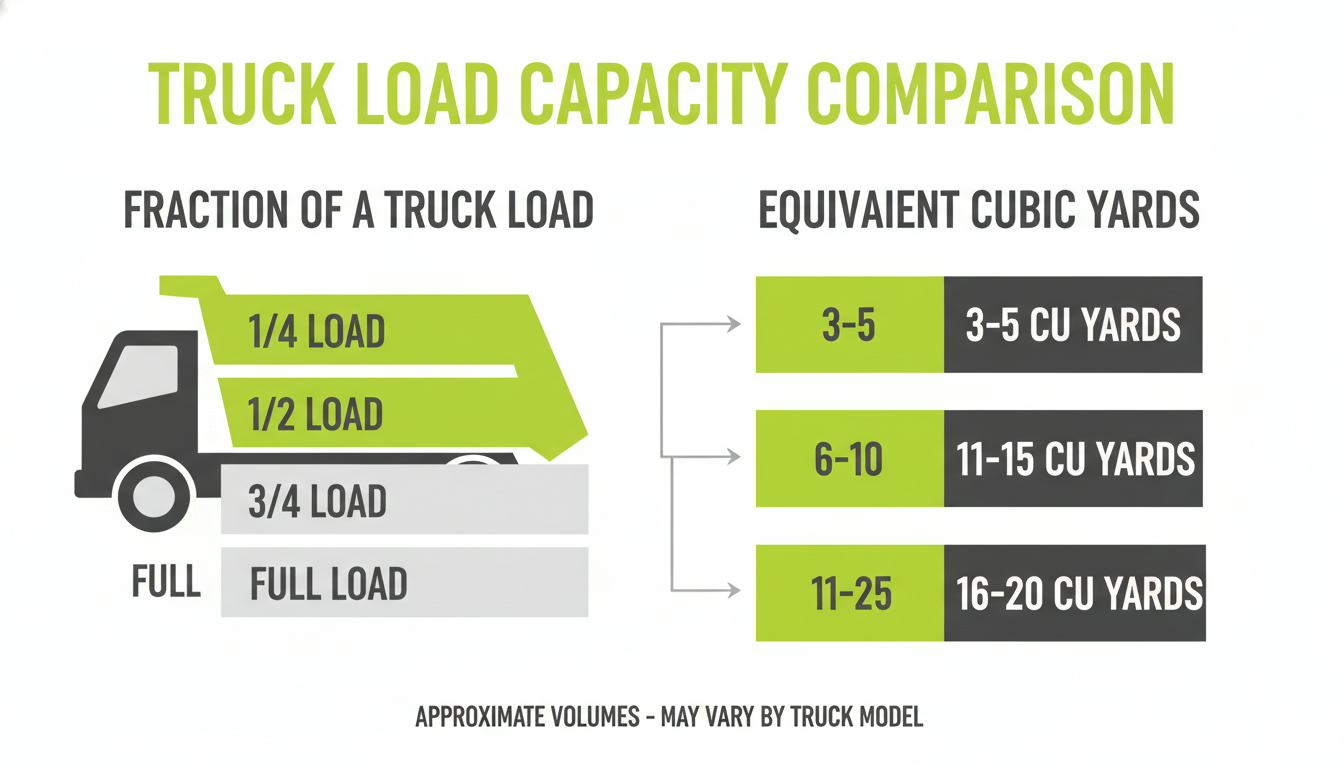 Clean comparison visual of truck load fractions mapped to cubic yards, professional infographic style