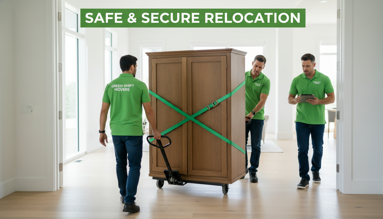 Professional photo of movers using dollies and straps moving a large wardrobe safely