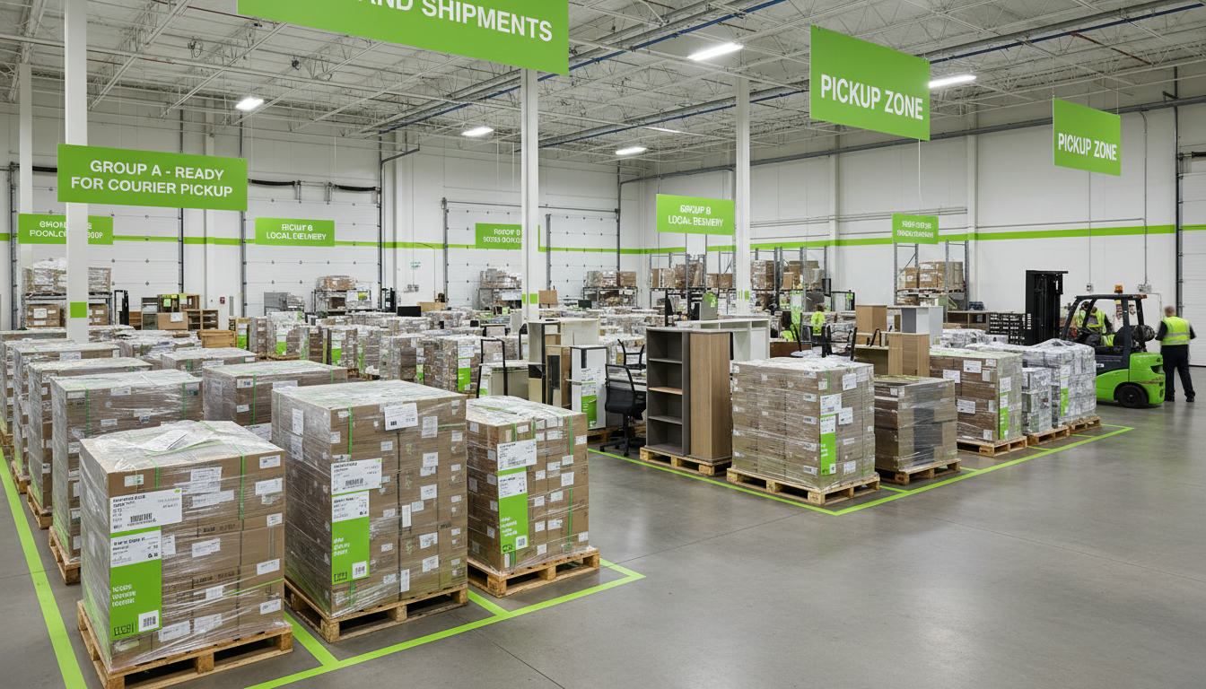Professional photo of a labeled staging area with items grouped and ready for pickup