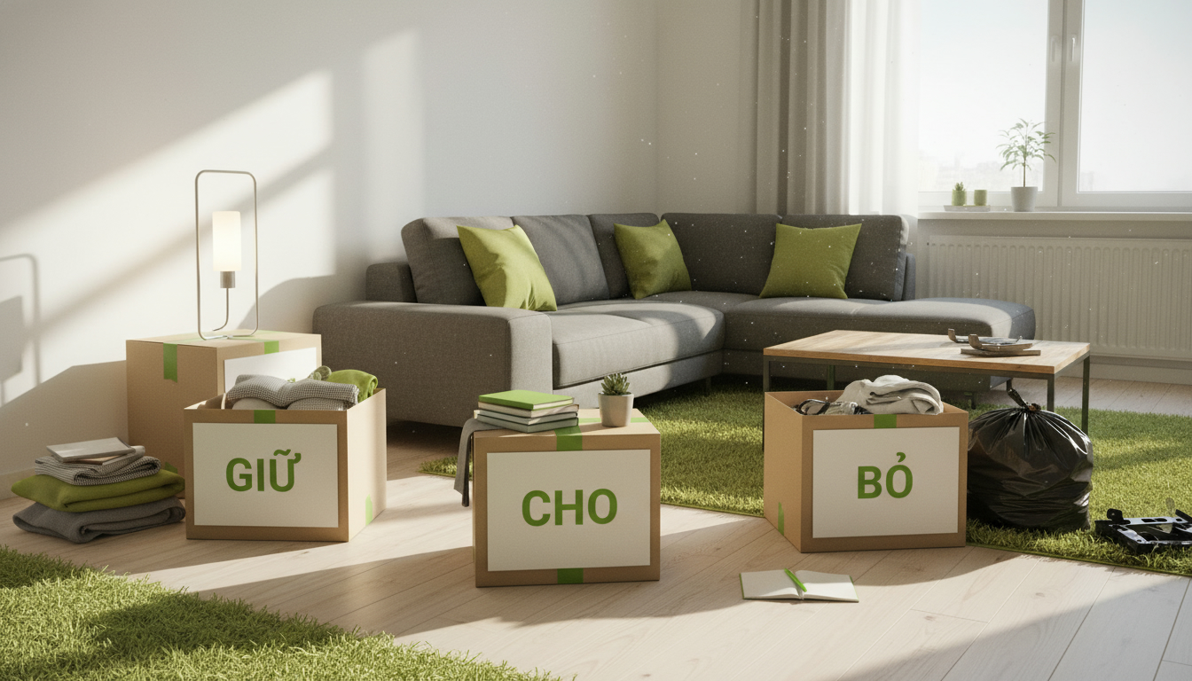 Ảnh chụp chuyên nghiệp một phòng khách đang declutter, có các thùng phân loại và khu vực “giữ–cho–bỏ”, ánh sáng tự nhiên