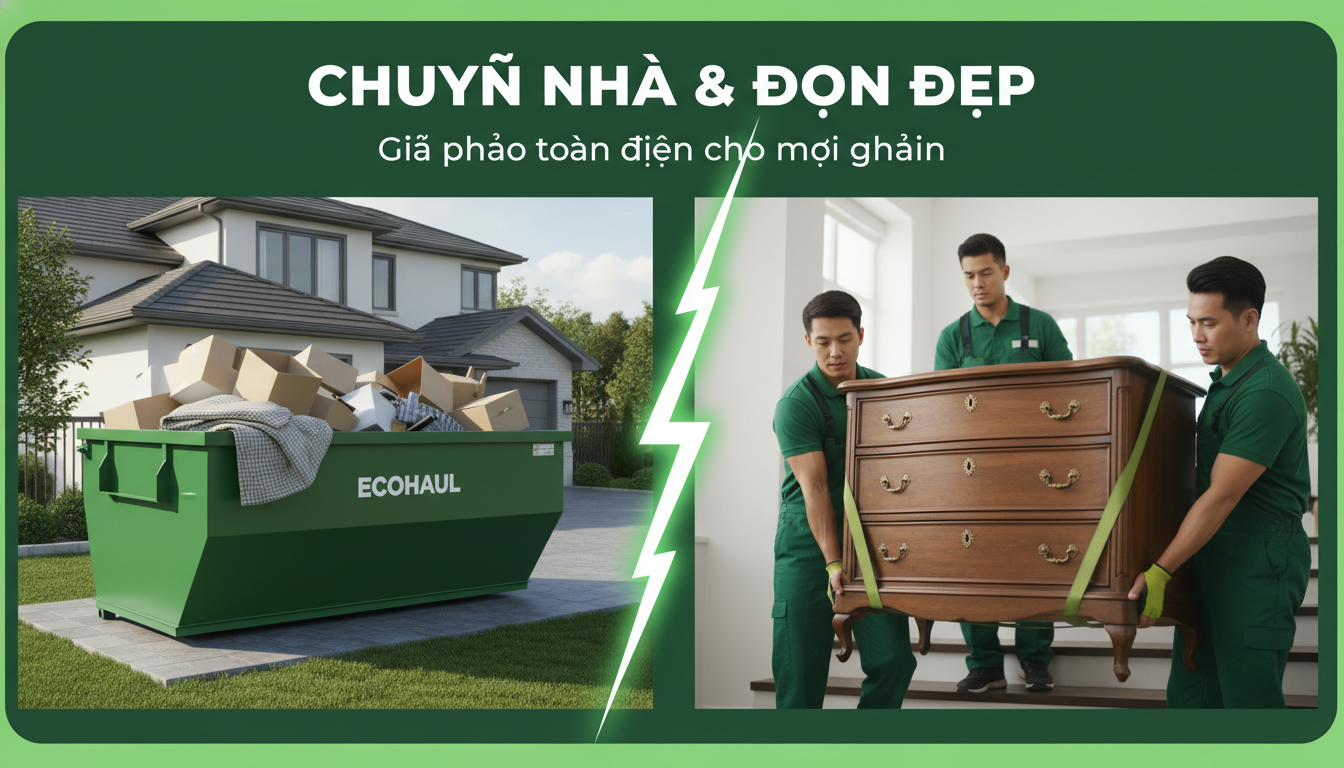 Ảnh minh họa chuyên nghiệp dạng split-screen: bên trái là dumpster trước nhà, bên phải là đội bốc vác đang khiêng đồ nội thất