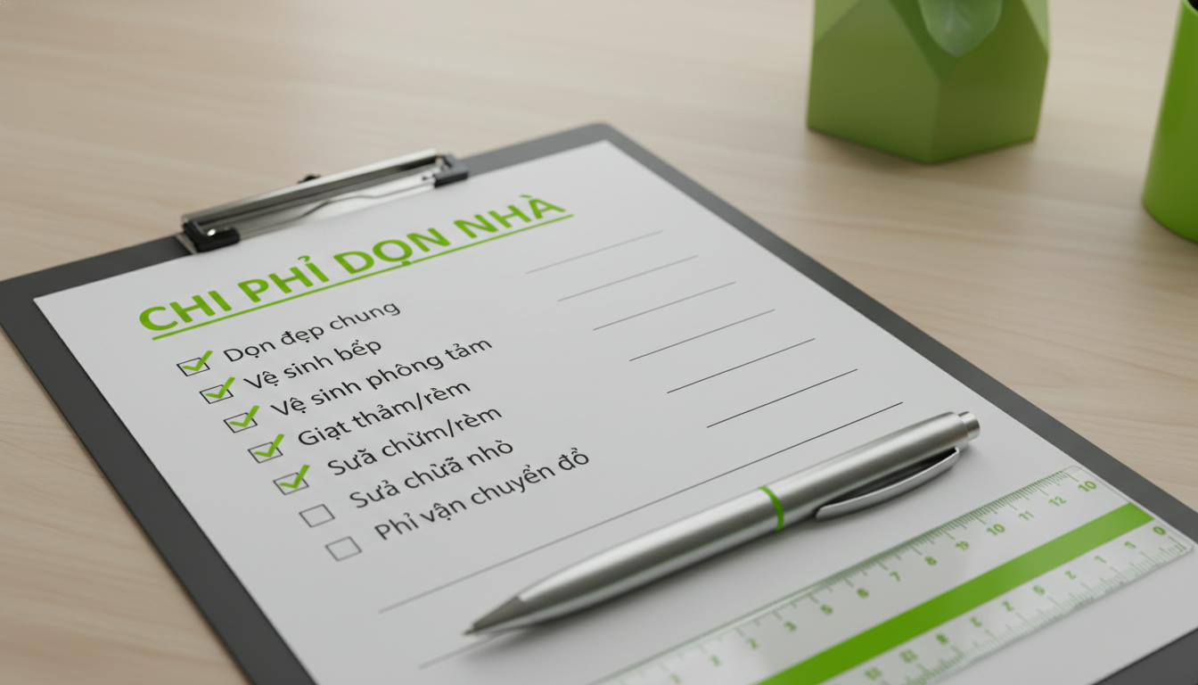 Ảnh chuyên nghiệp một bảng checklist chi phí dọn nhà, có bút và thước, phong cách tối giản