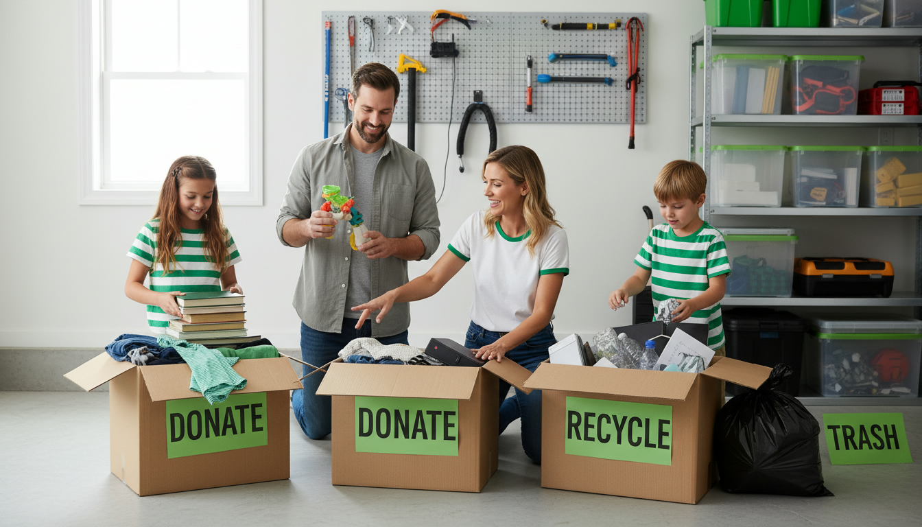 Ảnh chuyên nghiệp một gia đình đang phân loại đồ trong gara theo hộp “Donate/Recycle/Trash”, bố cục sạch và sáng